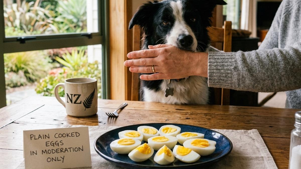 An owner's hand blocking a border collie dog from a plate of hard-boiled eggs with a warning card