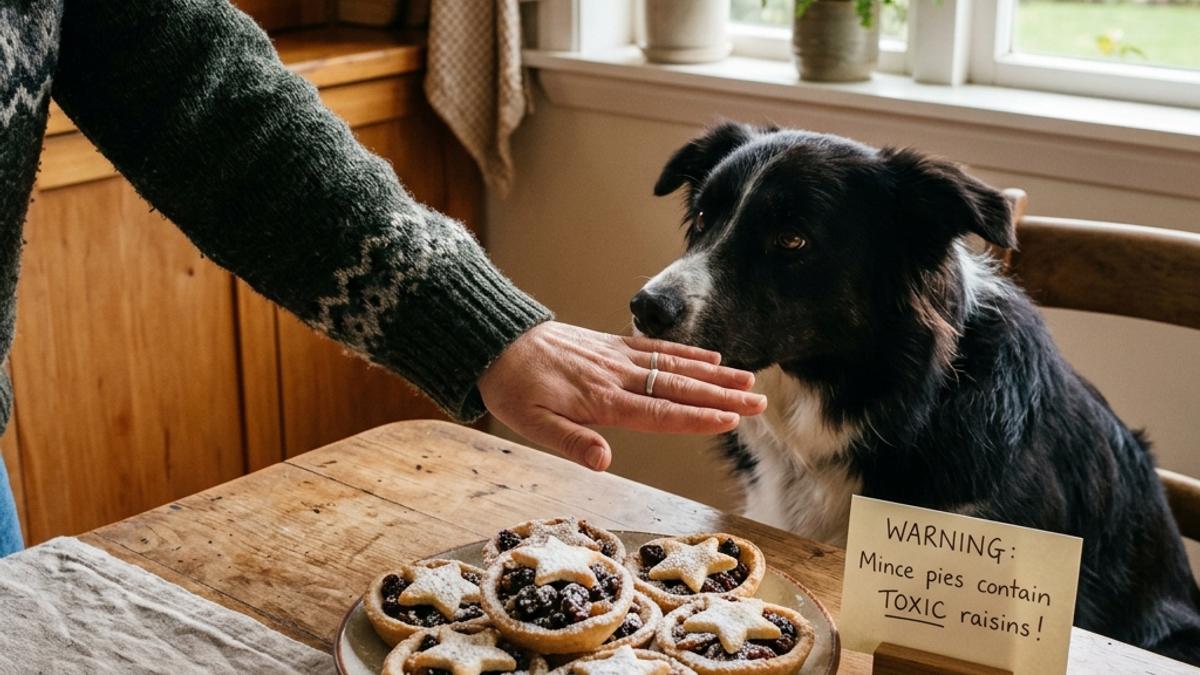 An owner's hand blocking a border collie dog from a plate of fruit mince pies next to a warning card
