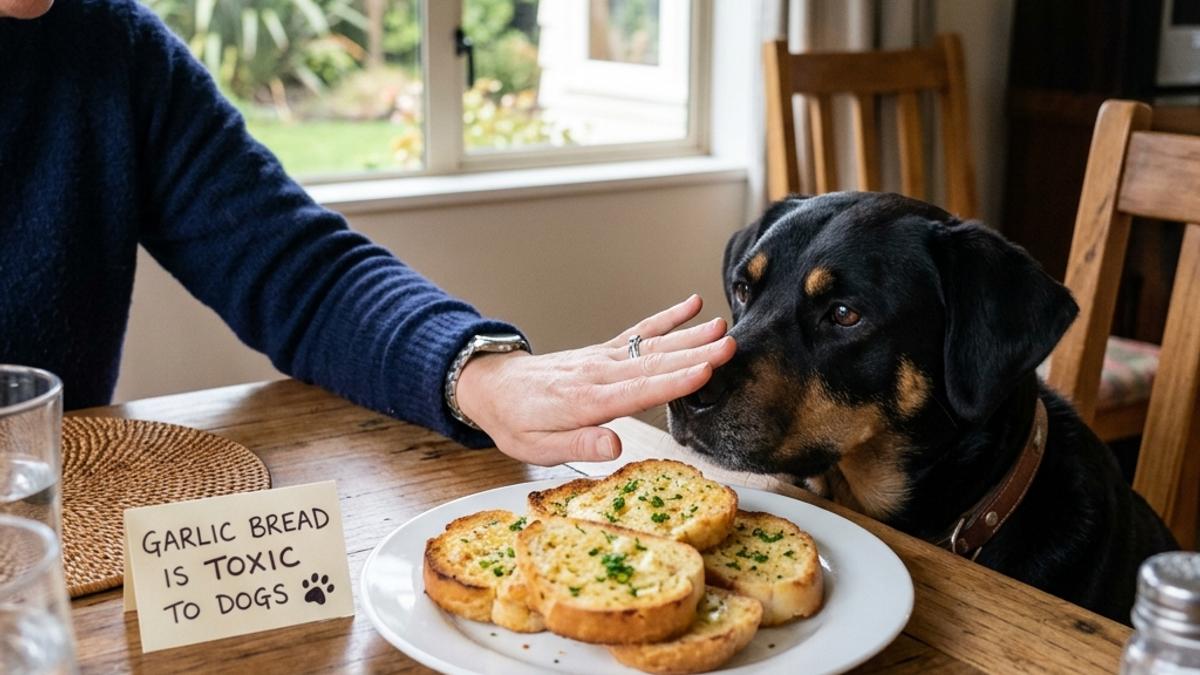 An owner's hand blocking a dog from a plate of garlic bread next to a warning card