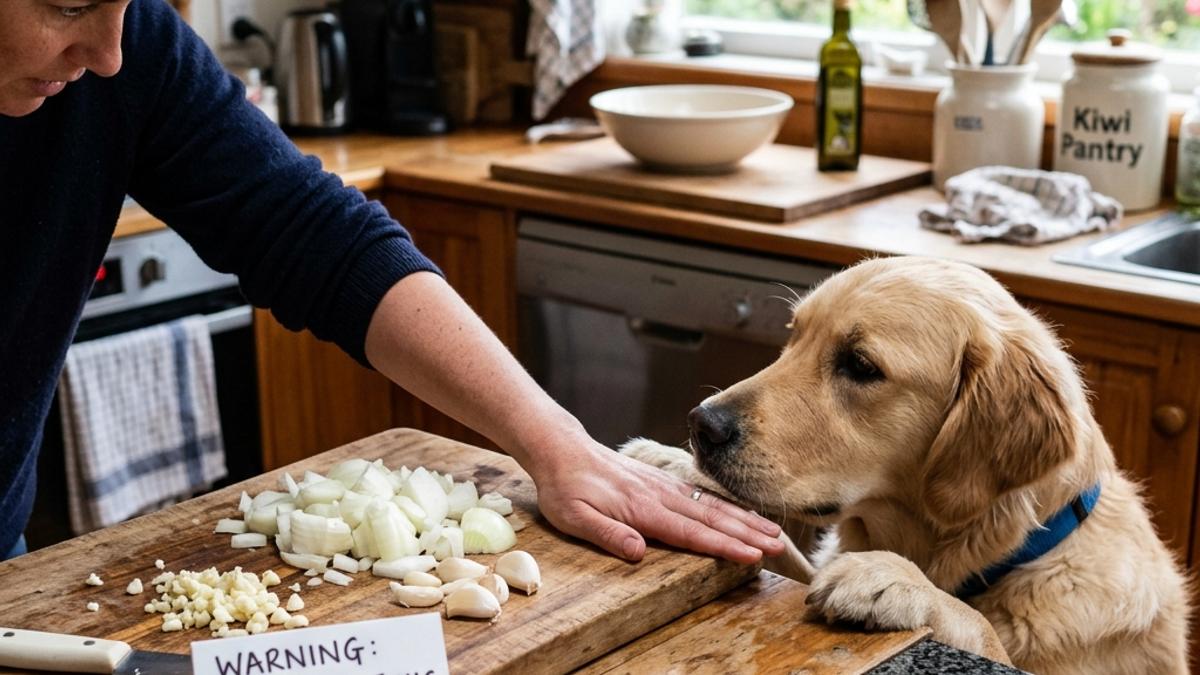 An owner's hand blocking a dog from garlic cloves and onions on a cutting board with a warning card