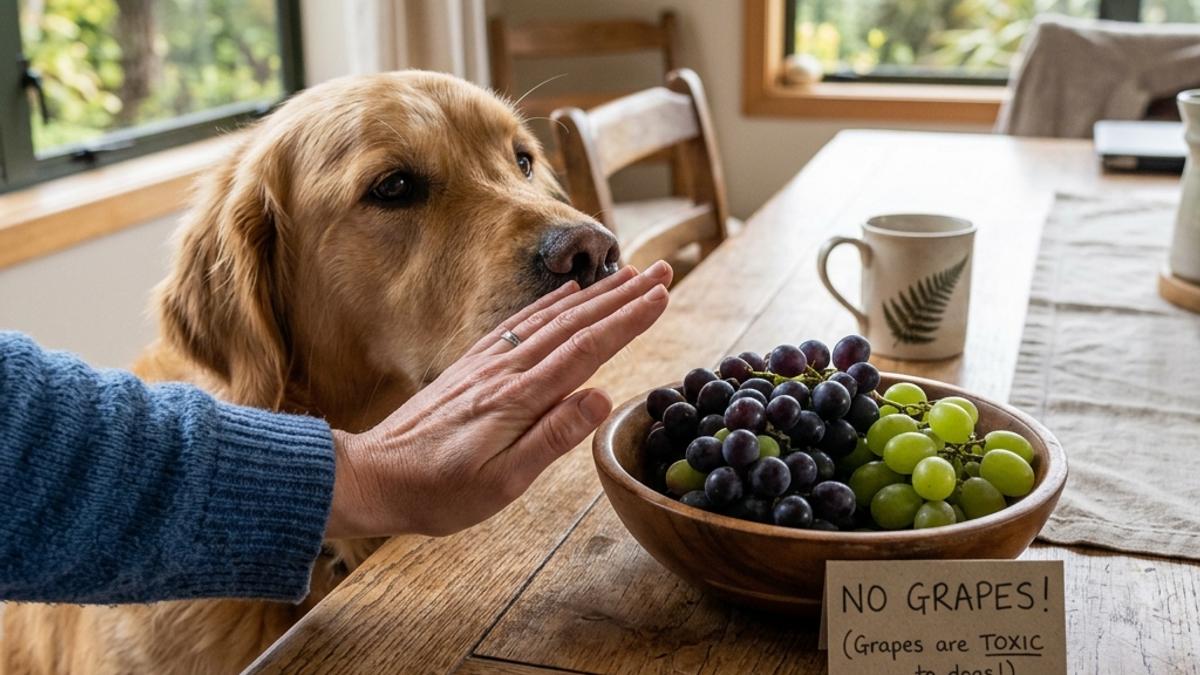 An owner's hand blocking a curious dog from reaching fresh grapes on a table with a warning card