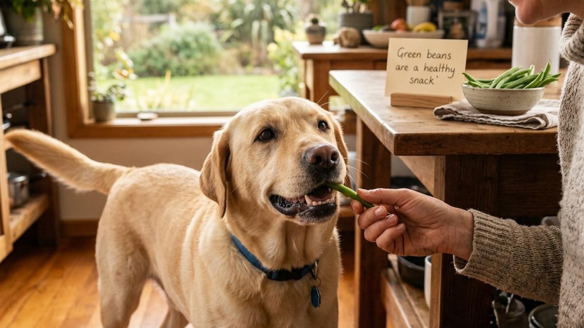 A labrador dog gently taking a green bean from owner's hand next to a healthy snack card
