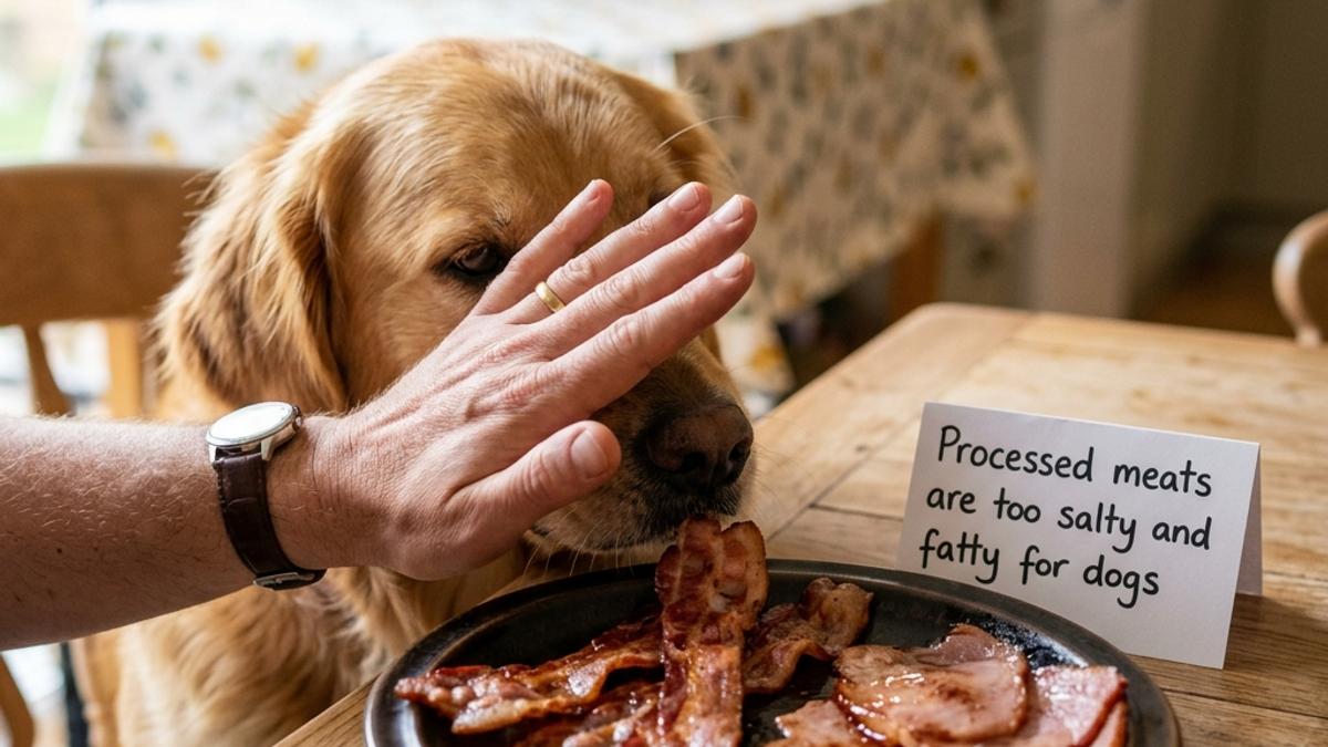 An owner's hand blocking a dog from a plate of cooked greasy bacon and ham with a warning card
