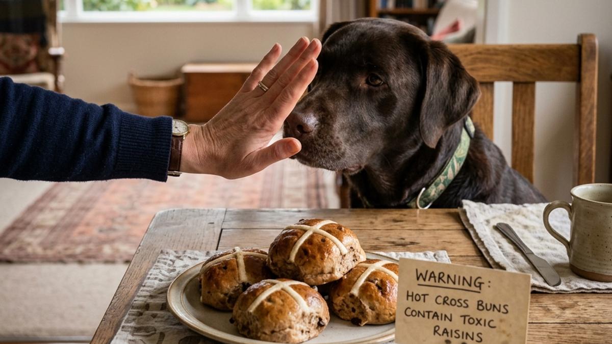 An owner's hand blocking a lab dog from a plate of hot cross buns next to a warning card