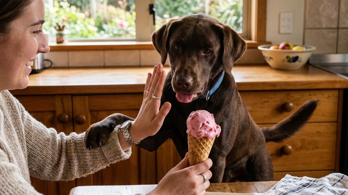 An owner's hand blocking a chocolate labrador dog from a pink ice cream cone with a warning card