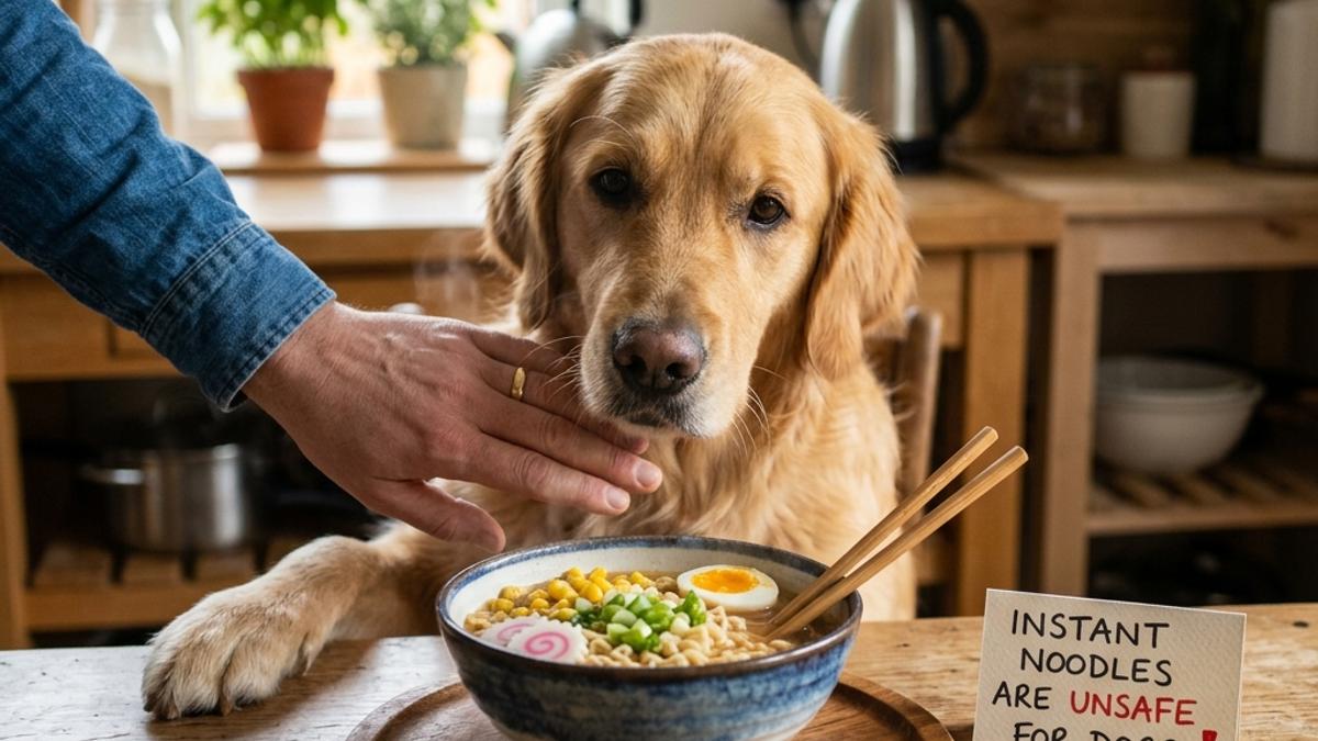 An owner's hand blocking a dog from a bowl of instant ramen noodles next to a warning card