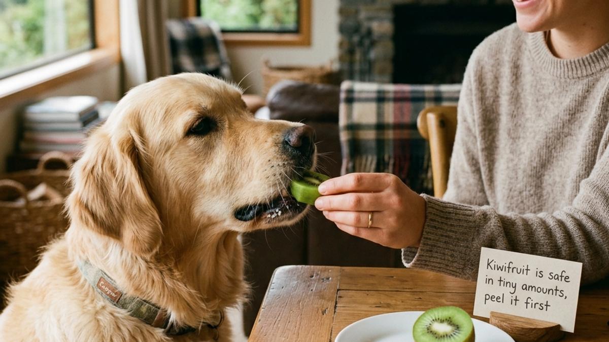 A dog taking a slice of fresh green kiwifruit from its owner next to a cut kiwifruit