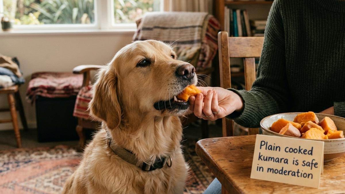 A dog taking a piece of plain cooked kumara from its owner's hand next to a bowl of cooked kumara pieces