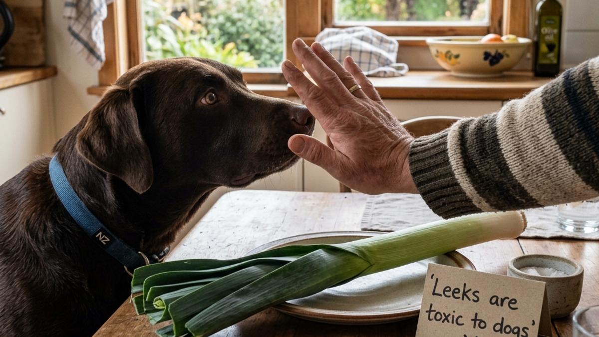 An owner's hand blocking a dog from a fresh leek next to a warning card