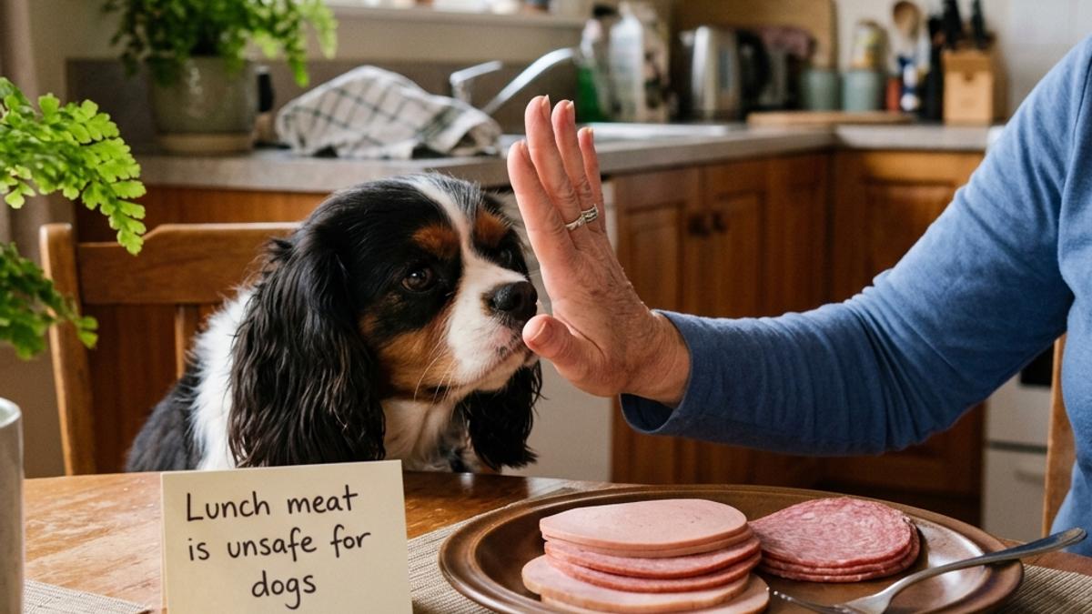 An owner's hand blocking a dog from a plate of processed lunch meat next to a warning card