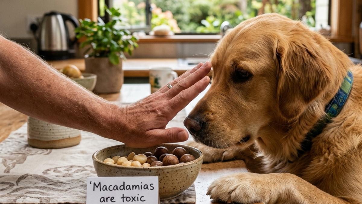 An owner's hand blocking a dog from a bowl of macadamia nuts on a table with a warning card