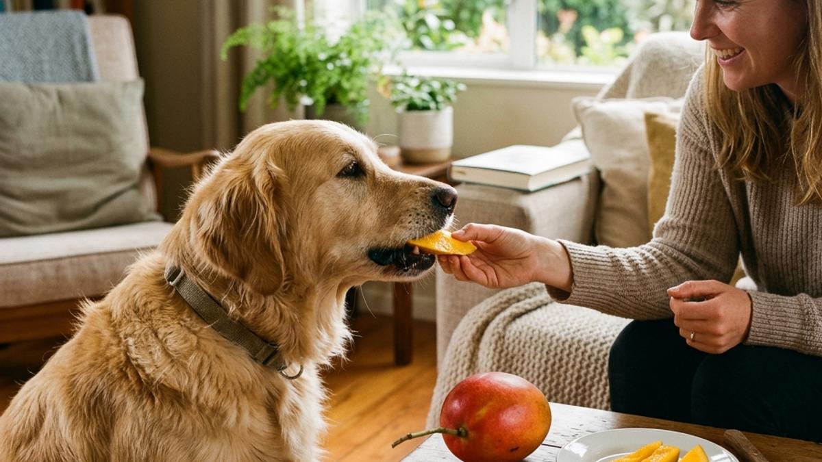 A dog taking a slice of fresh mango flesh from its owner next to a whole mango