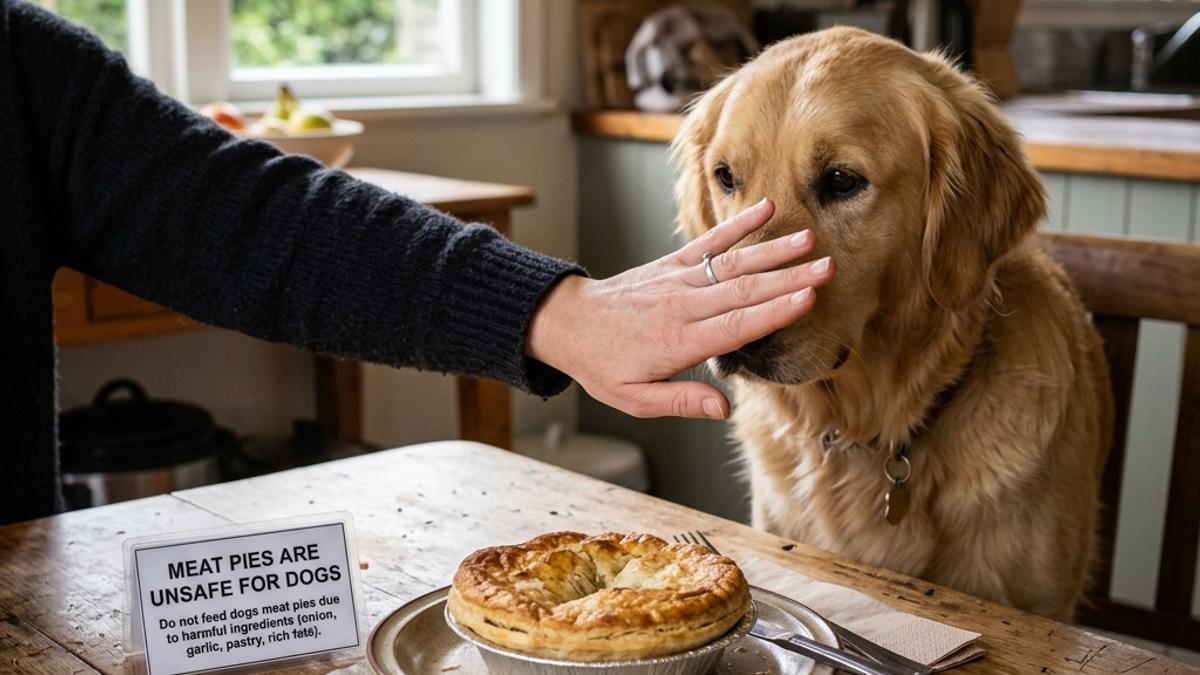 An owner's hand blocking a dog from a meat pie next to a warning card