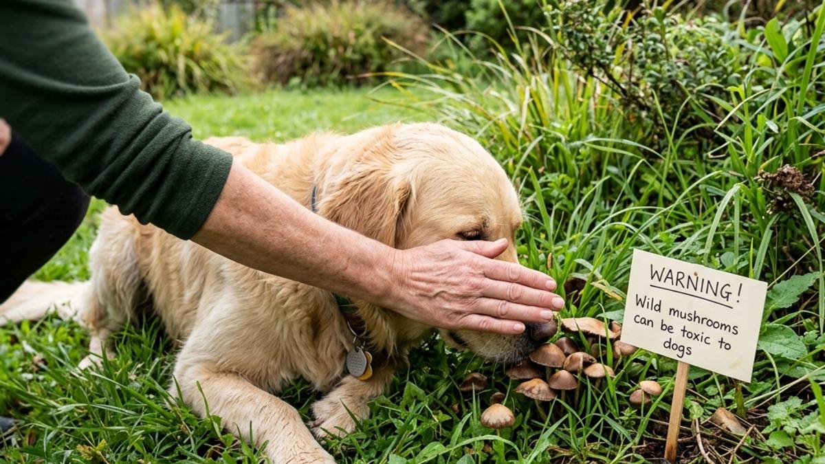 An owner stopping a dog from sniffing wild mushrooms in a grassy New Zealand backyard