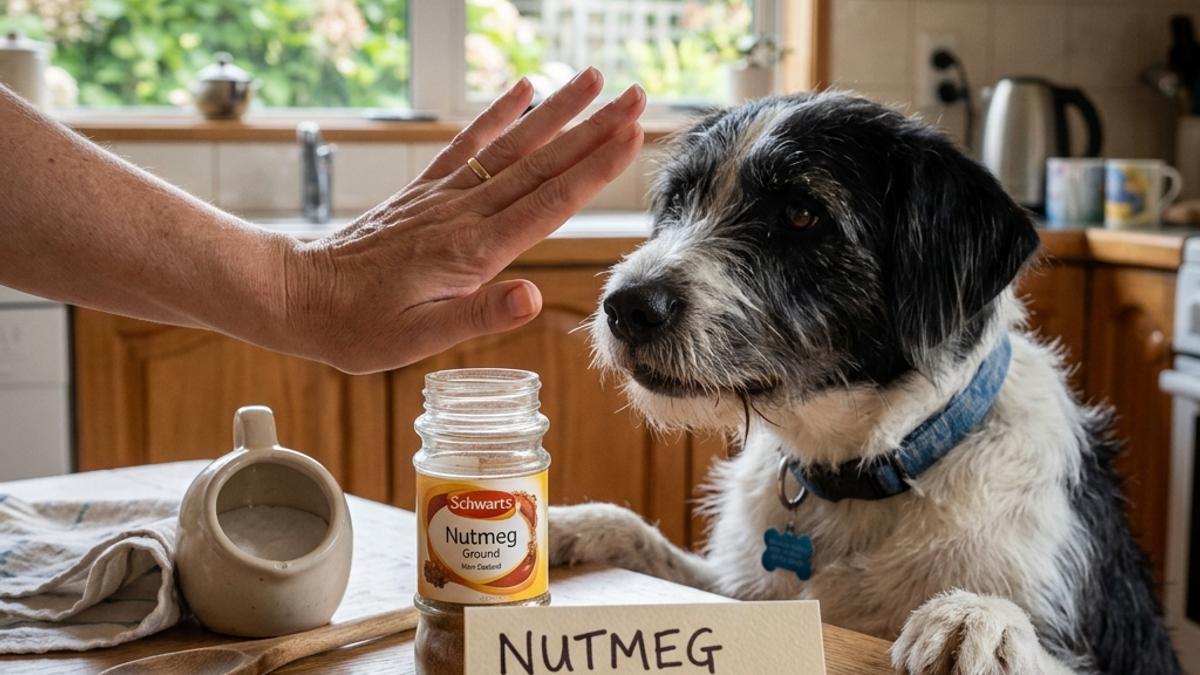 An owner's hand blocking a dog from a jar of nutmeg next to a warning card