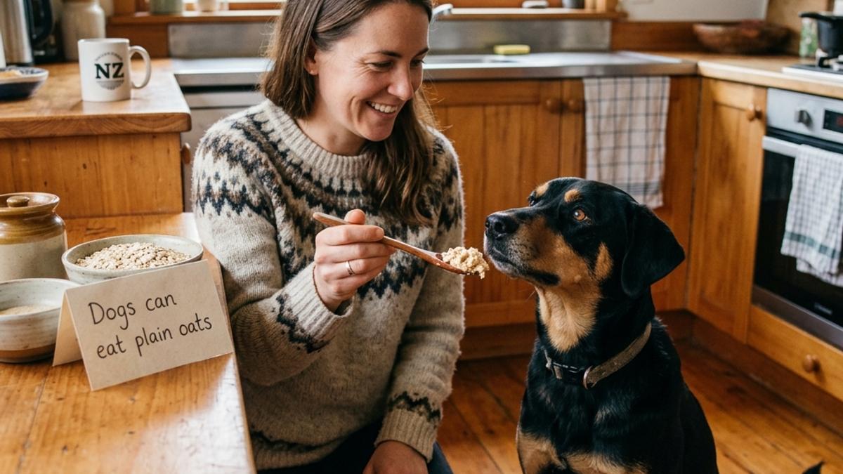 An owner offering plain cooked oats to a curious dog next to a card