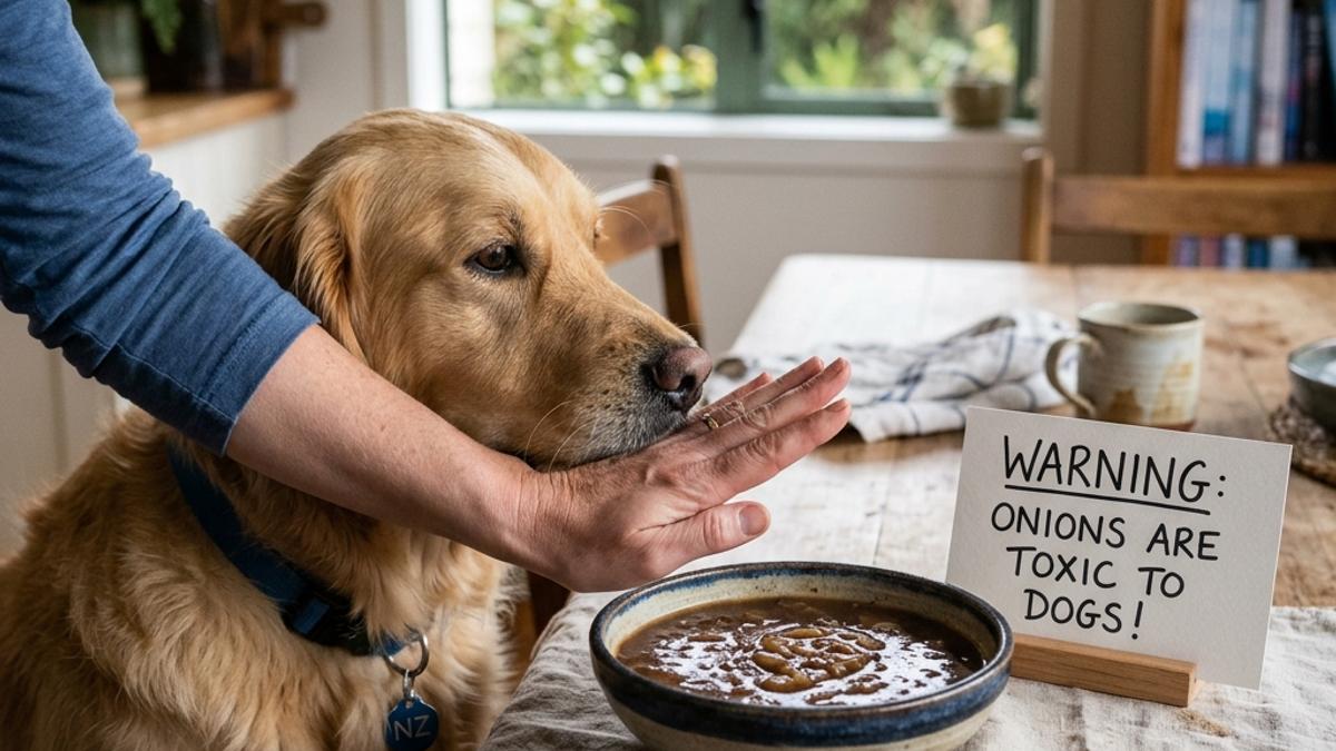 An owner's hand blocking a golden retriever dog from a bowl of onion gravy next to a warning card