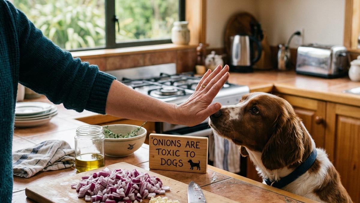 A hand preventing a dog from reaching chopped onions and garlic on a wooden cutting board in a kitchen