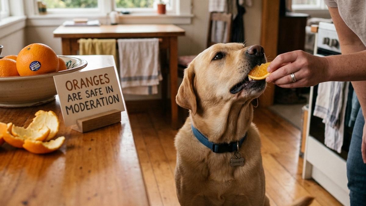 A happy dog gently taking a seedless peeled orange slice from its owner next to peels and a card stating oranges are safe in moderation