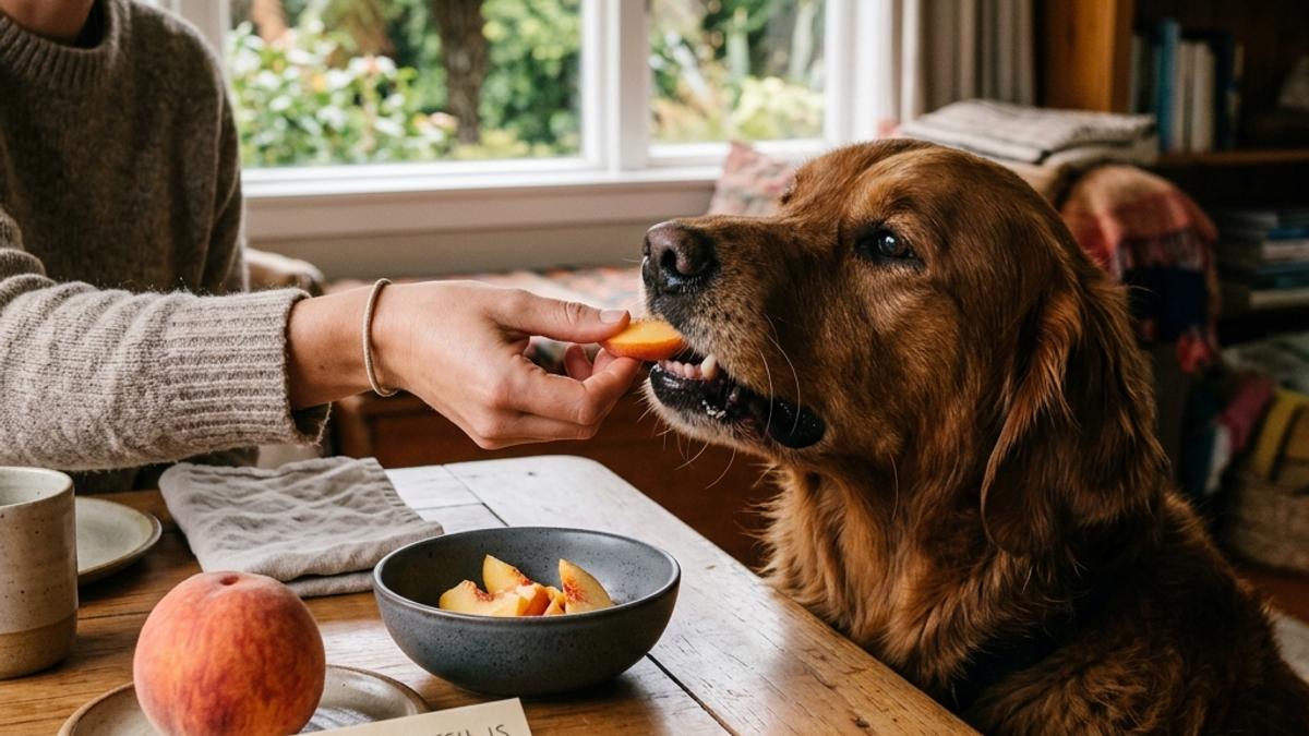A dog taking a slice of fresh peach flesh from its owner's hand next to a whole peach and info card