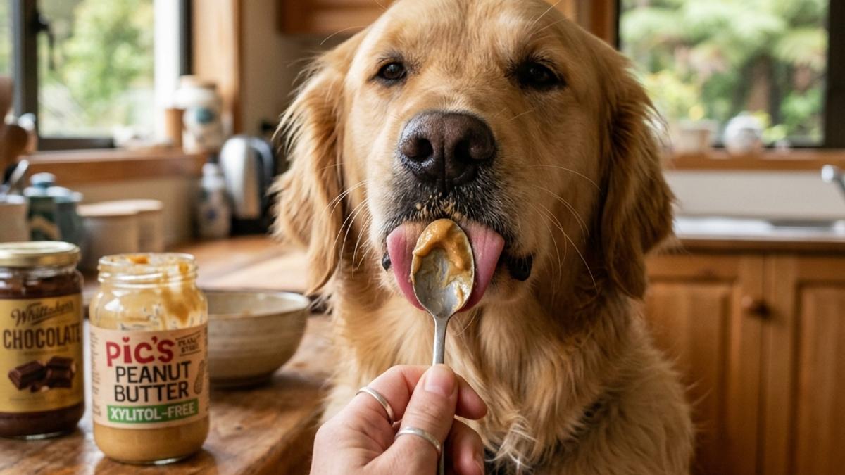 A dog licking peanut butter off a spoon held by its owner next to a Pic's peanut butter jar