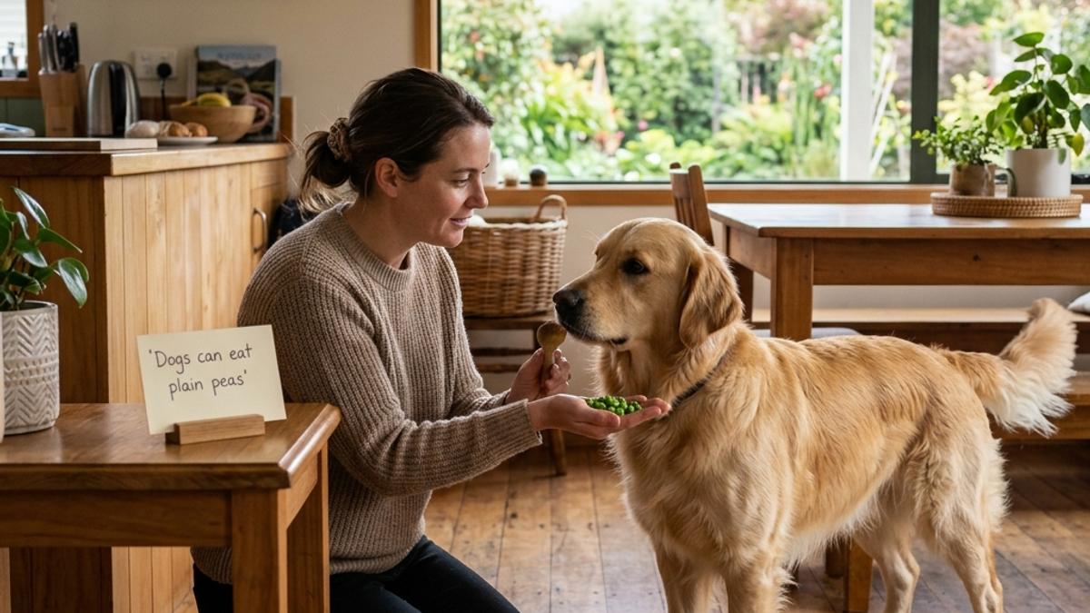 An owner offering plain cooked green peas to a curious dog next to a card