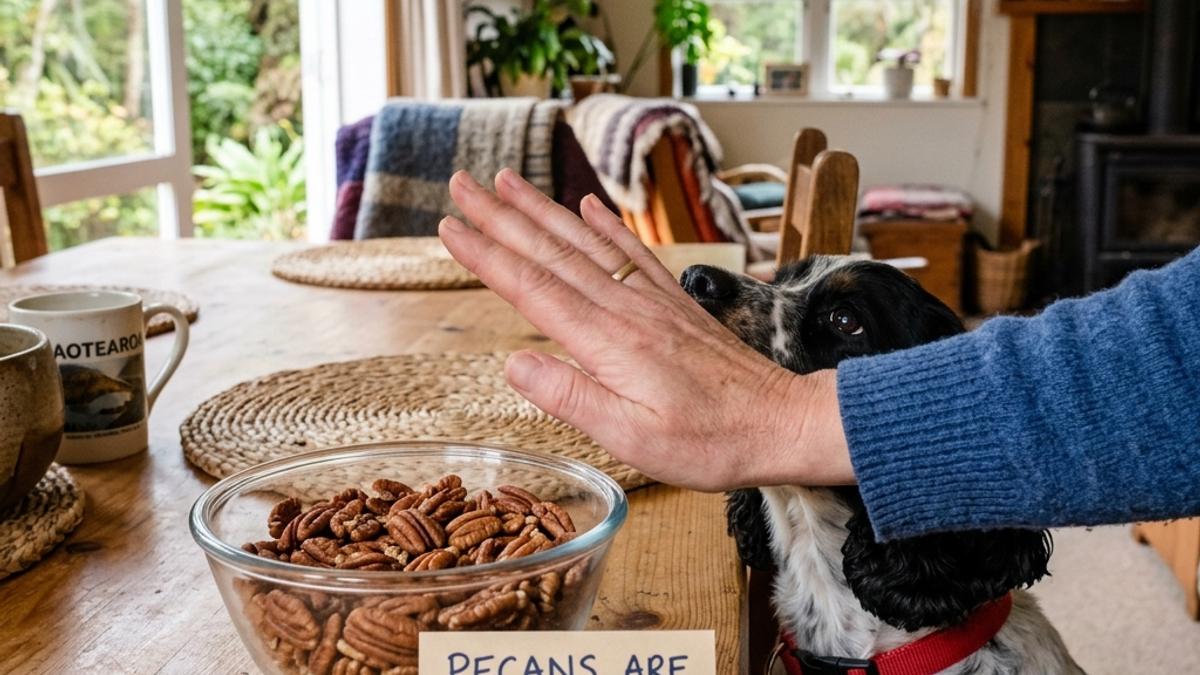 An owner's hand blocking a dog from a bowl of pecans next to a warning card