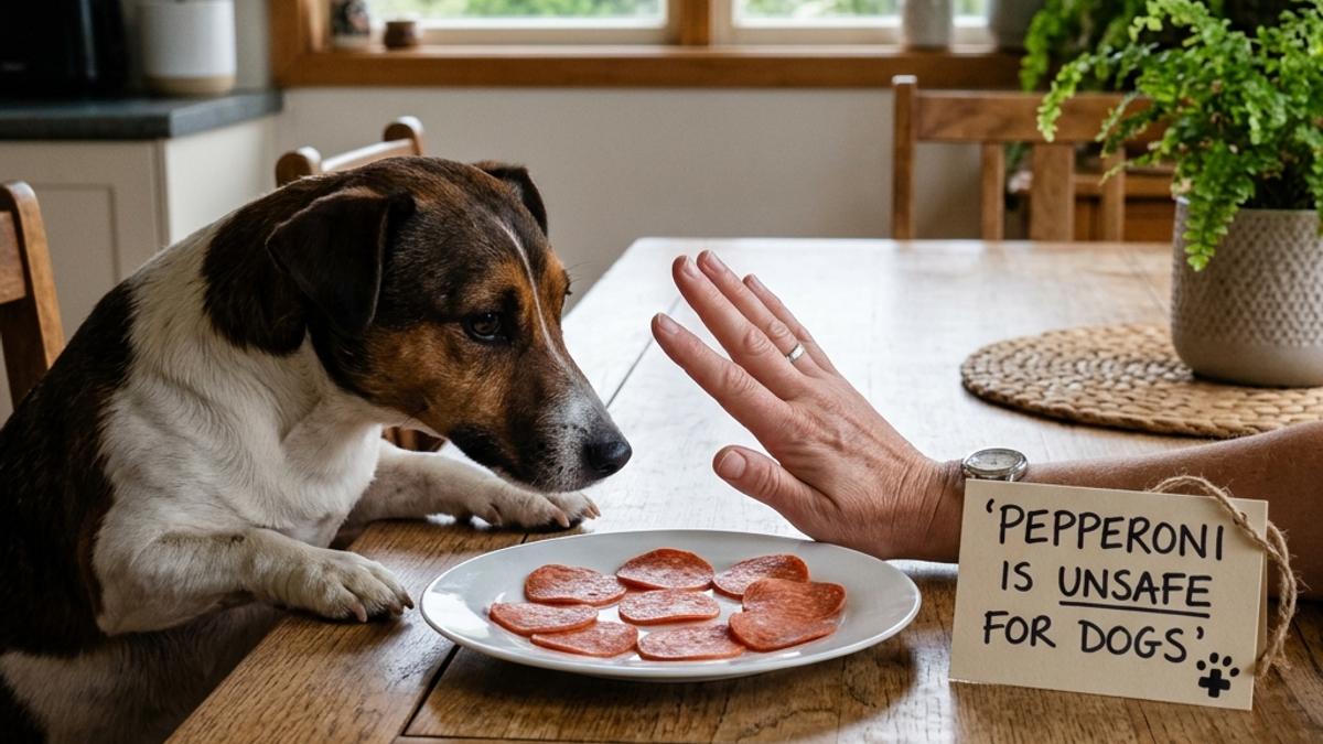 An owner's hand blocking a dog from a plate of pepperoni next to a warning card