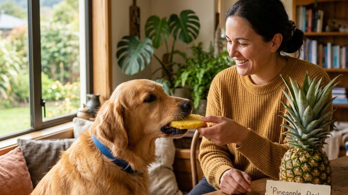 A dog taking a fresh pineapple slice from its owner's hand next to a whole pineapple