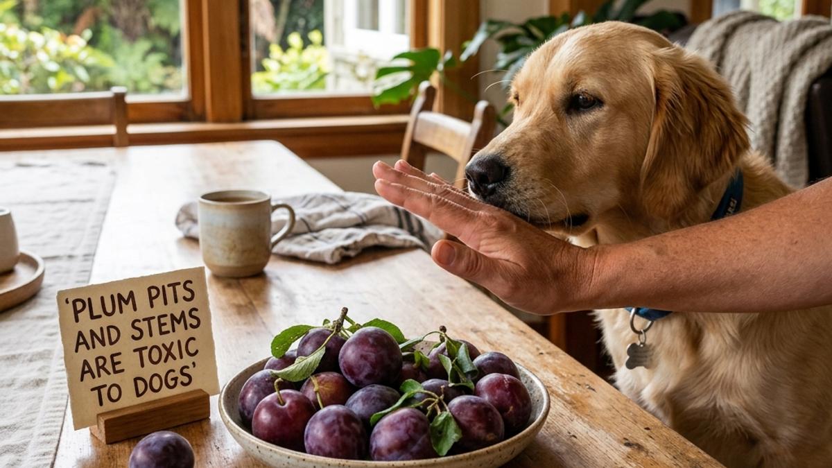 An owner's hand blocking a dog from a plate of fresh plums next to a toxic warning card