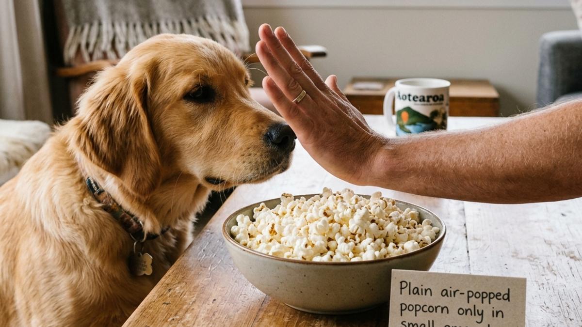 An owner's hand blocking a golden retriever dog from a bowl of popcorn with a warning card