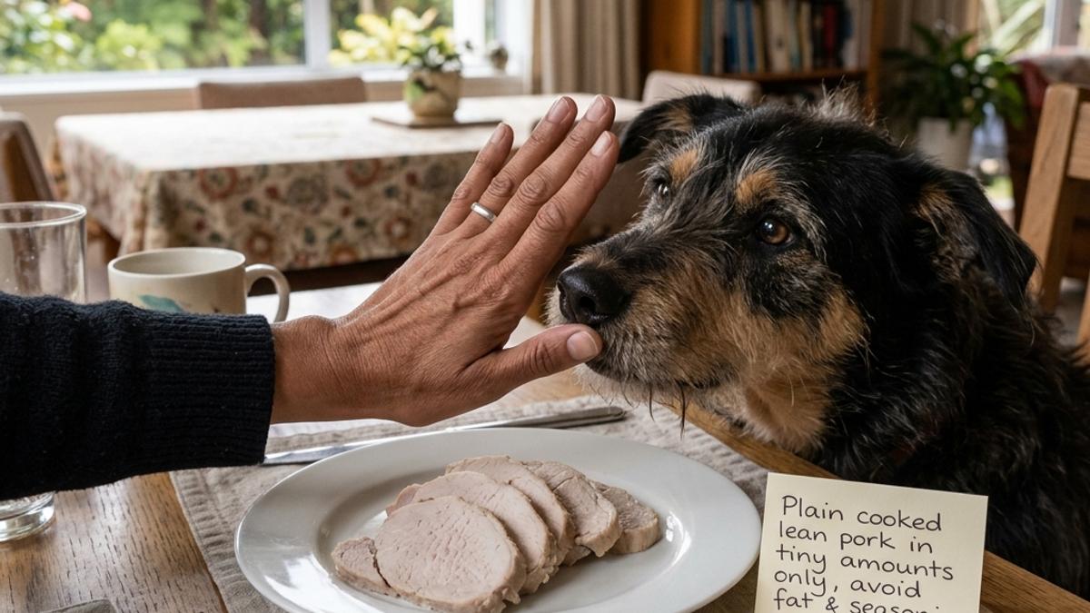 An owner's hand blocking a dog from a plate of plain cooked pork slices with a warning card