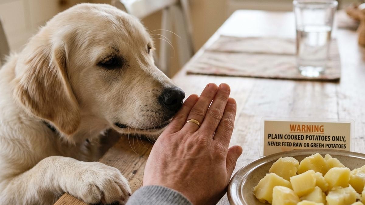 An owner's hand blocking a golden retriever puppy from a plate of cooked potatoes with a warning card