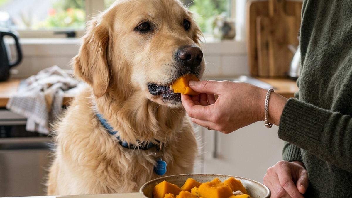 A dog eating a piece of plain cooked pumpkin from its owner's hand next to a bowl of cooked pumpkin chunks