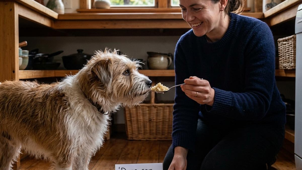 An owner offering cooked plain quinoa to a curious dog next to a card