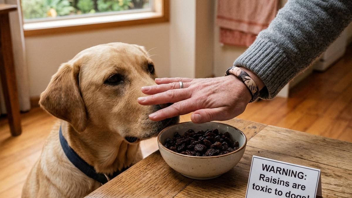 An owner's hand blocking a labrador dog from a bowl of dark raisins next to a warning card