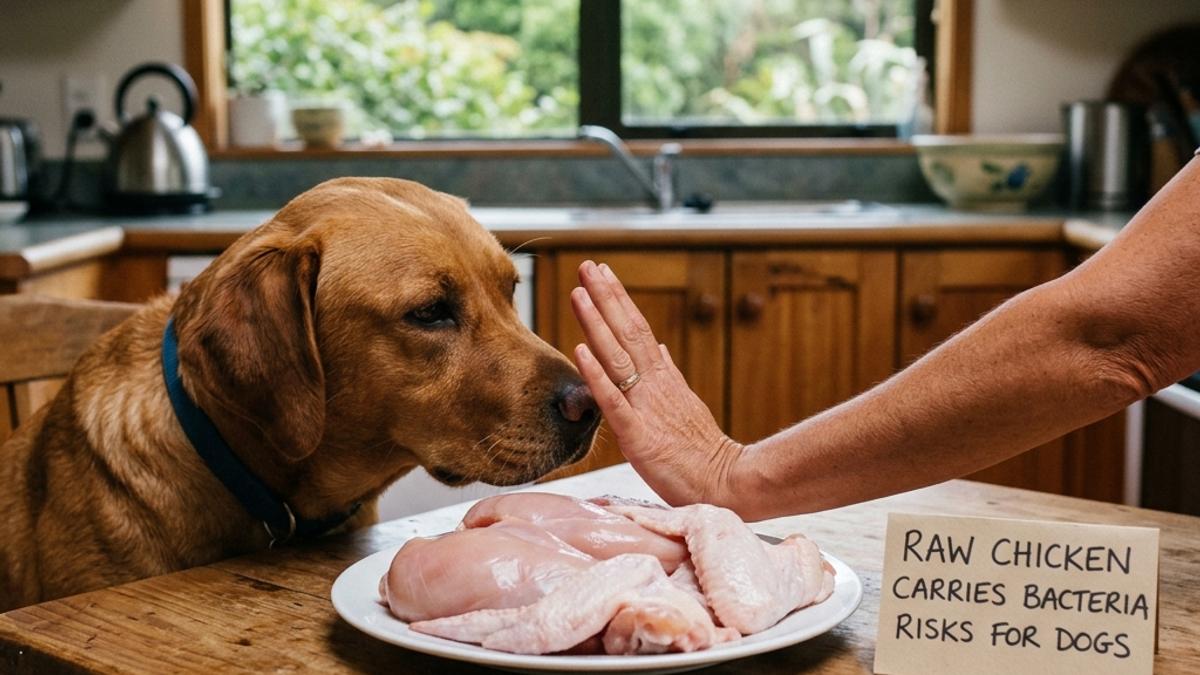 An owner's hand blocking a dog from a plate of raw chicken breast and wings with a bacteria warning card