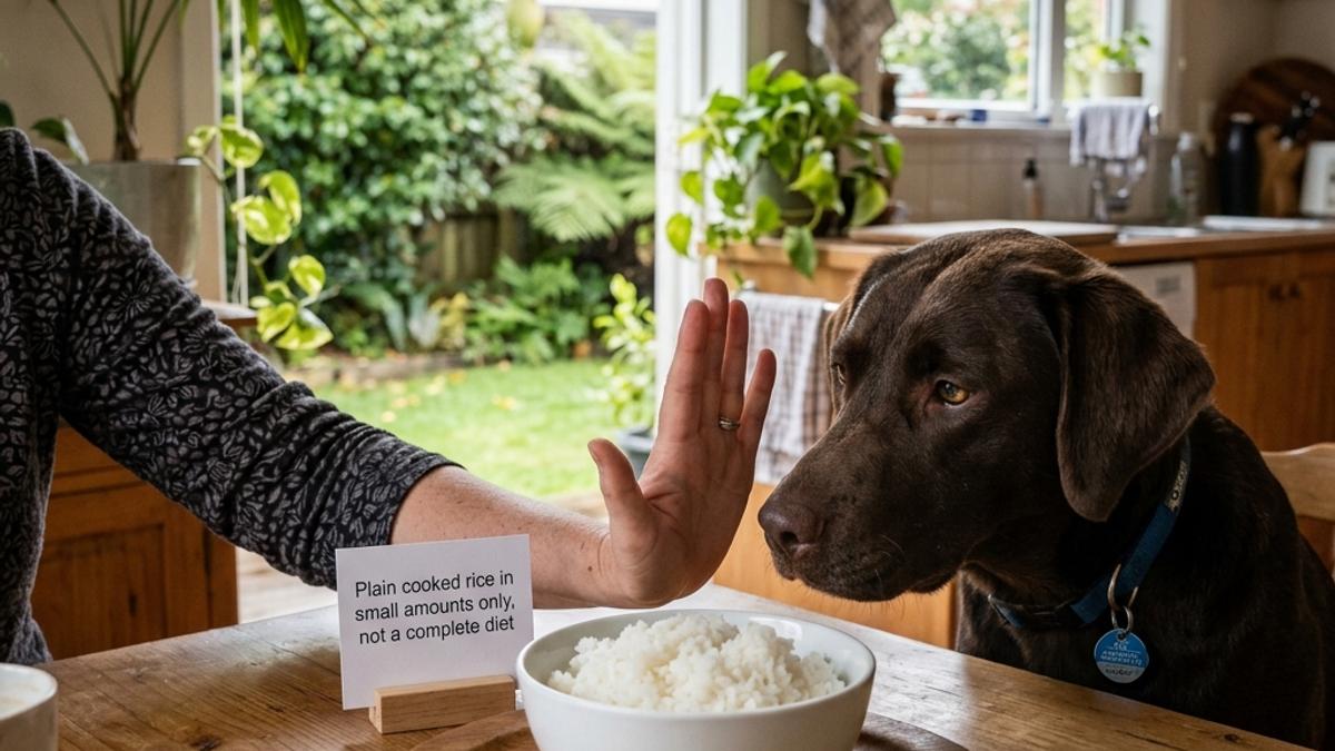 An owner's hand blocking a dog from a bowl of white cooked rice with a warning card