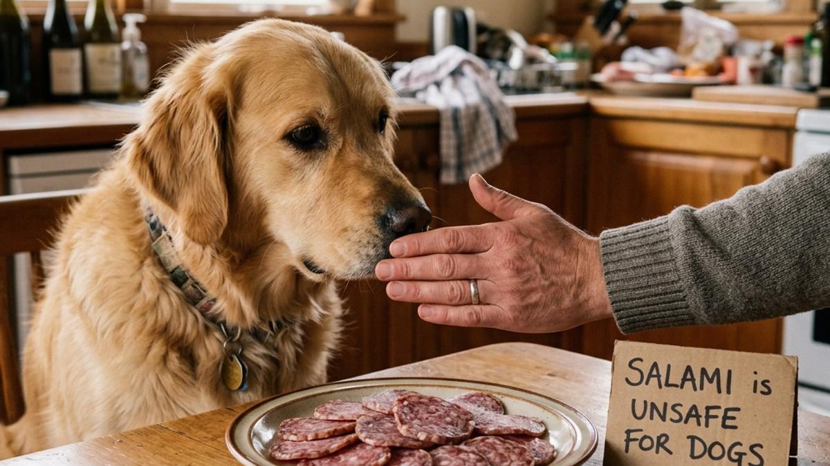 An owner's hand blocking a dog from a plate of salami next to a warning card