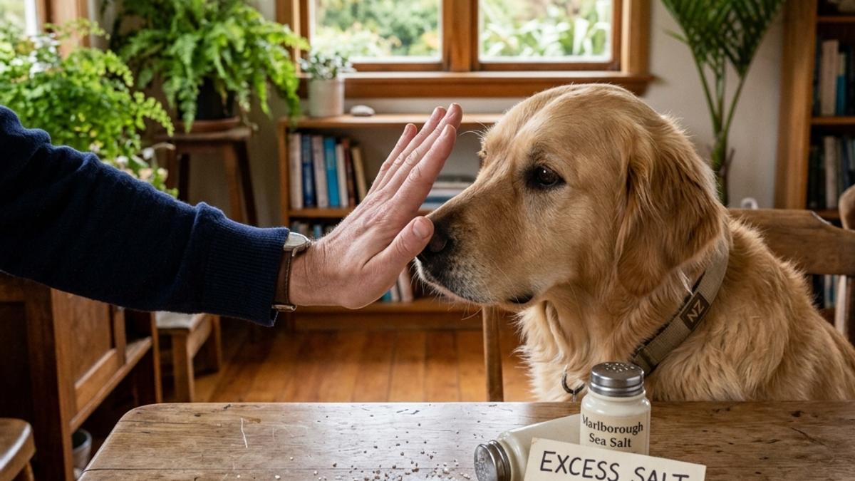 An owner's hand blocking a dog from spilled salt shaker next to a warning card