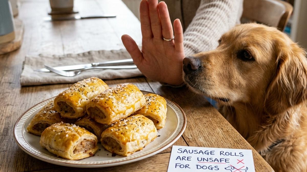 An owner's hand blocking a dog from a plate of golden sausage rolls next to a warning card