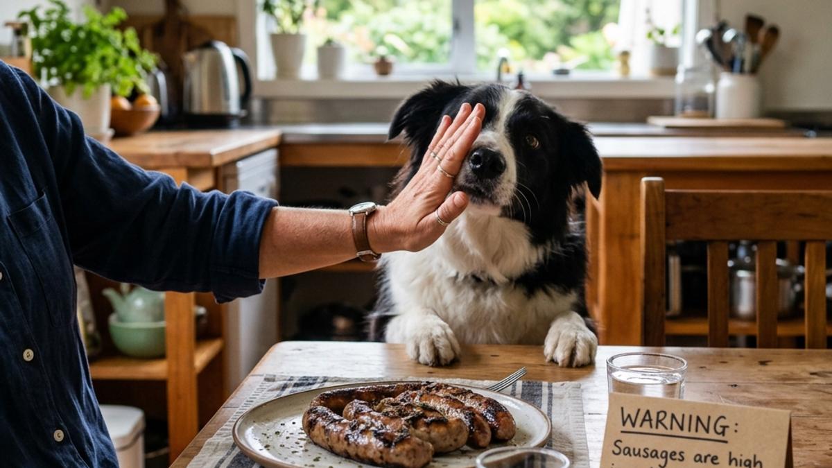 An owner's hand blocking a dog from a plate of grilled sausages next to a warning card