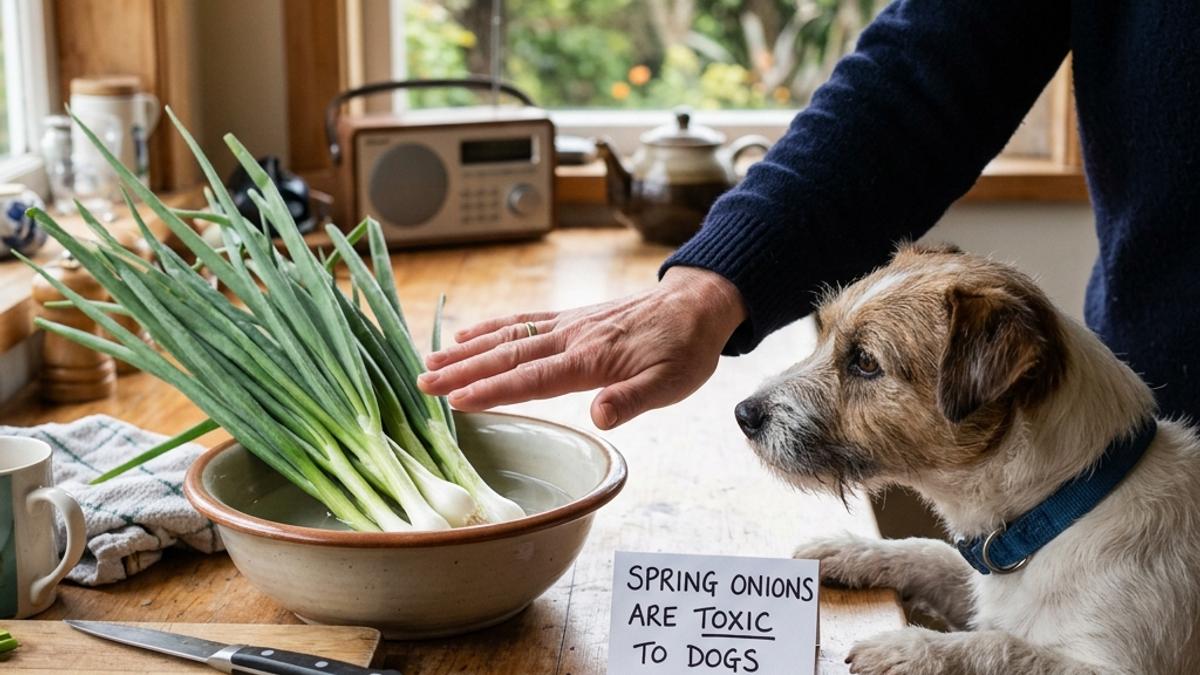 An owner's hand blocking a dog from fresh spring onions next to a warning card