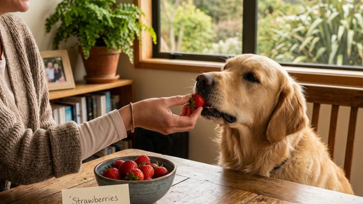 A dog taking a fresh strawberry from its owner next to a bowl of strawberries and a healthy treat card