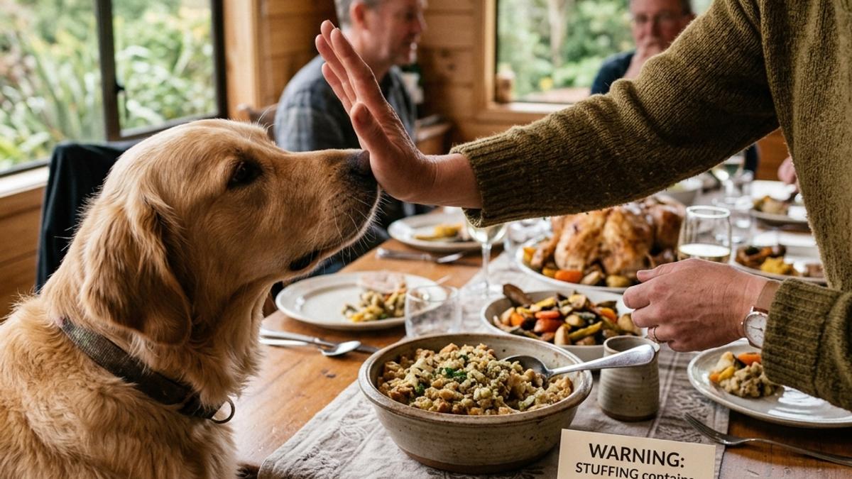 An owner's hand blocking a dog from a bowl of stuffing next to a warning card