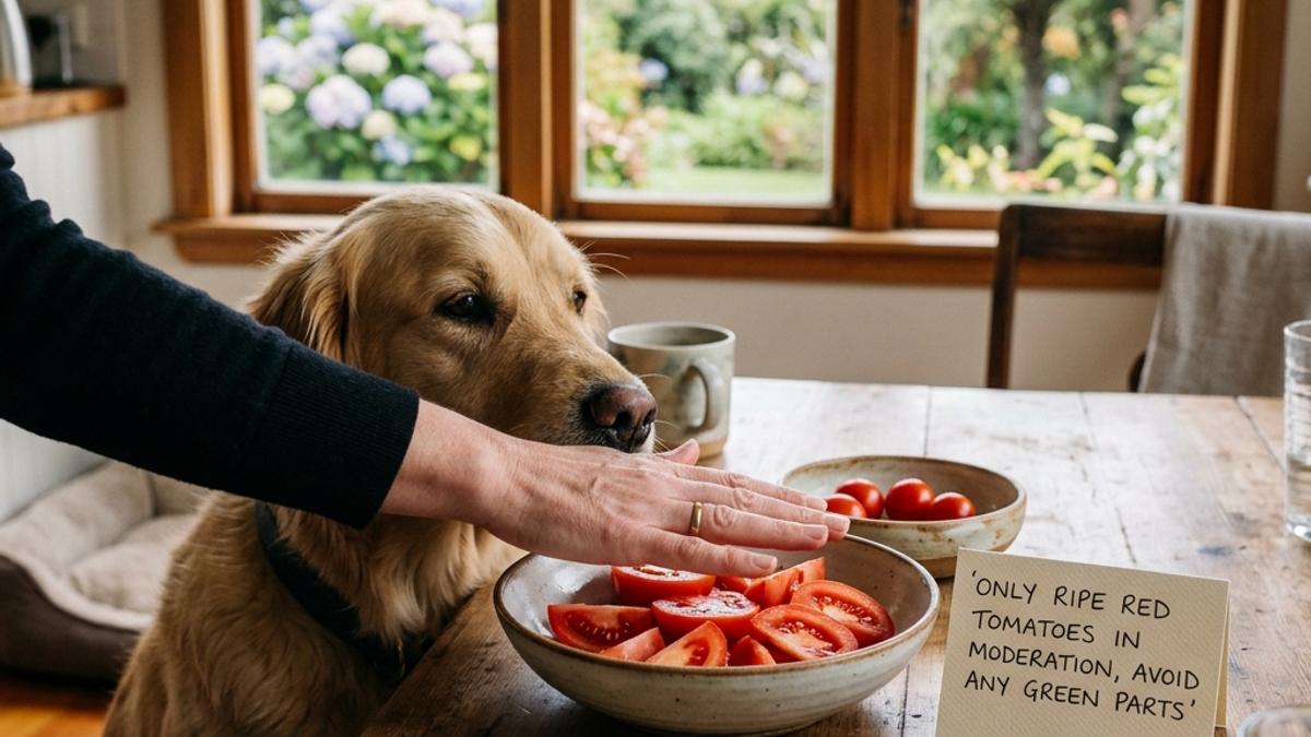 An owner's hand blocking a golden retriever dog from a bowl of sliced tomatoes with a warning card