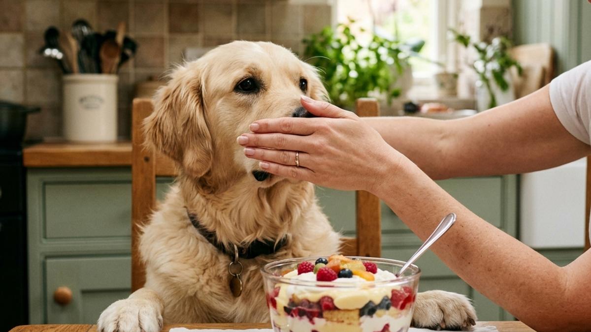 A golden retriever dog sitting at a table looking longingly at a bowl of dessert trifle, with a hand keeping it away