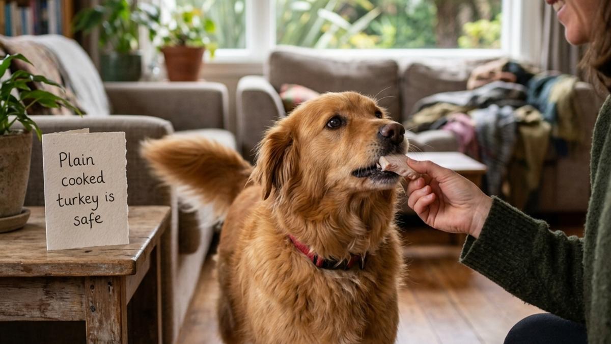 A golden retriever dog gently eating a piece of cooked turkey meat from owner's hand next to a card