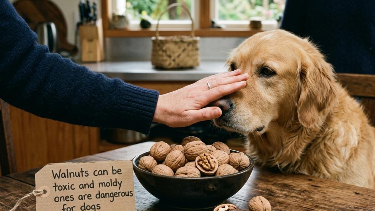 An owner's hand blocking a golden retriever dog from a bowl of walnuts on a table with a warning card