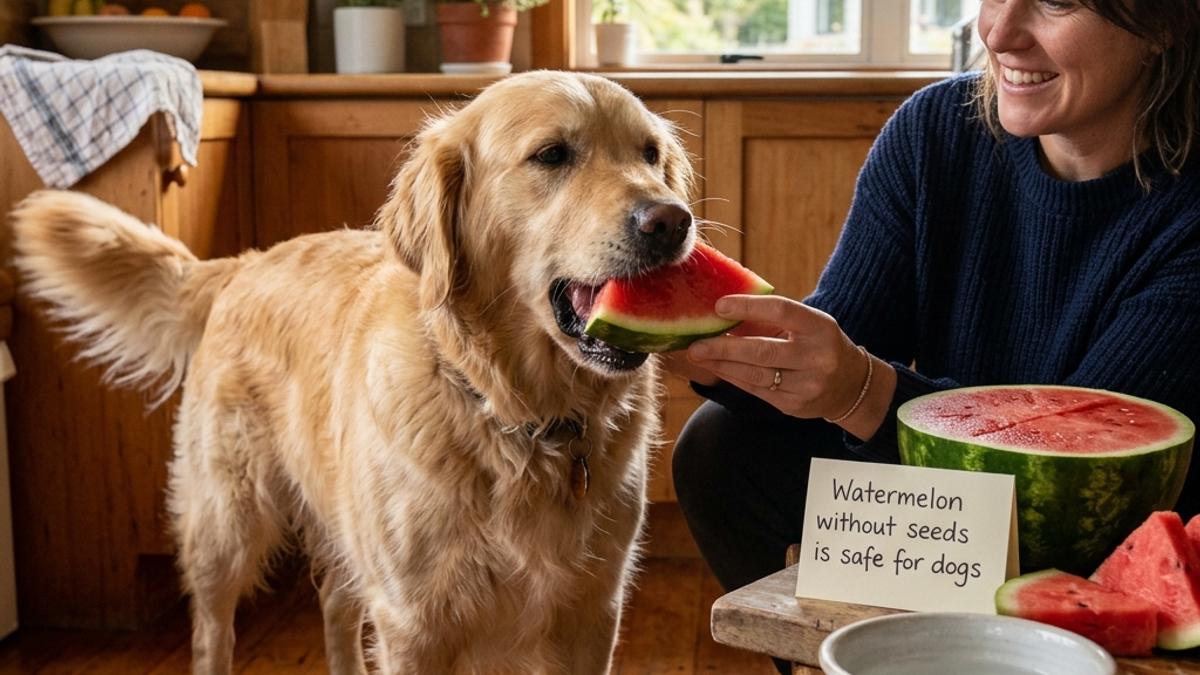 A dog taking a seedless watermelon slice from its owner with a warning card
